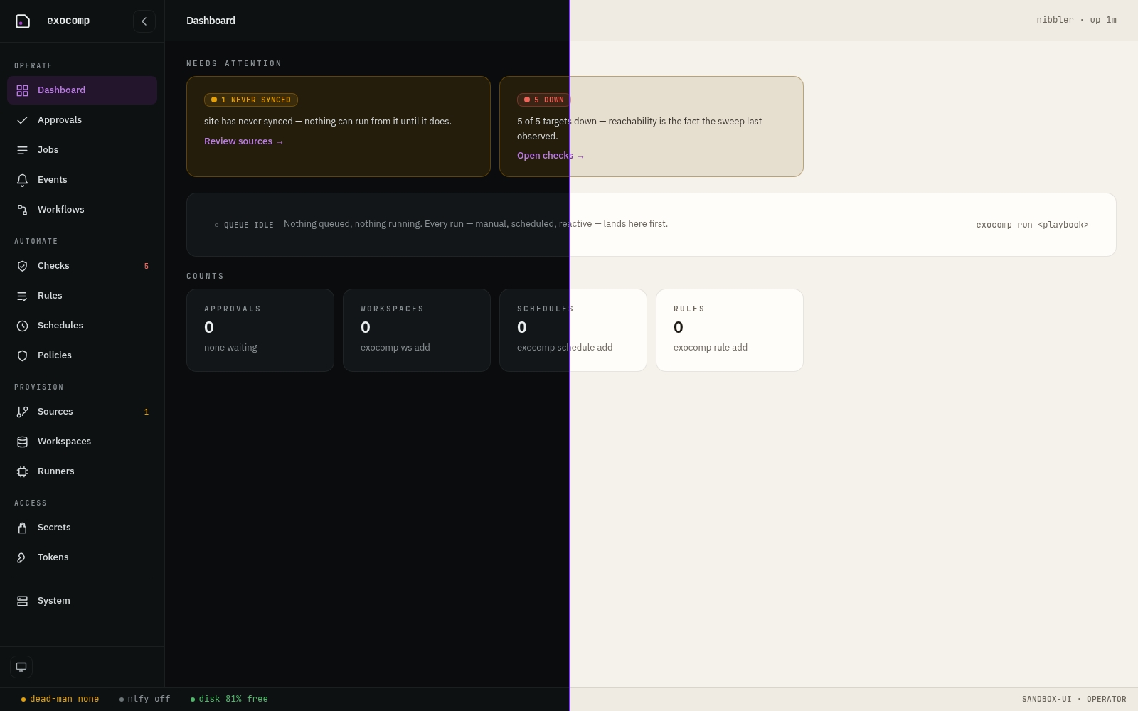exocomp Web Dashboard in dual Obsidian and Lab Notebook themes